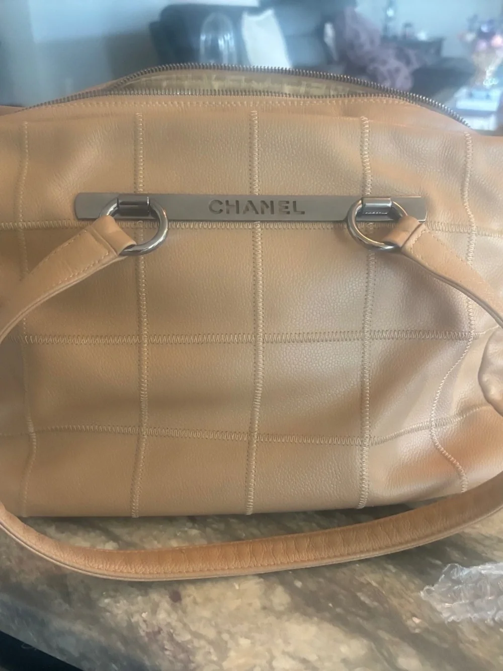 CHANEL VINTAGE Logo Bar East West Tote Beige Caviar Silver HW 9 series AUTH